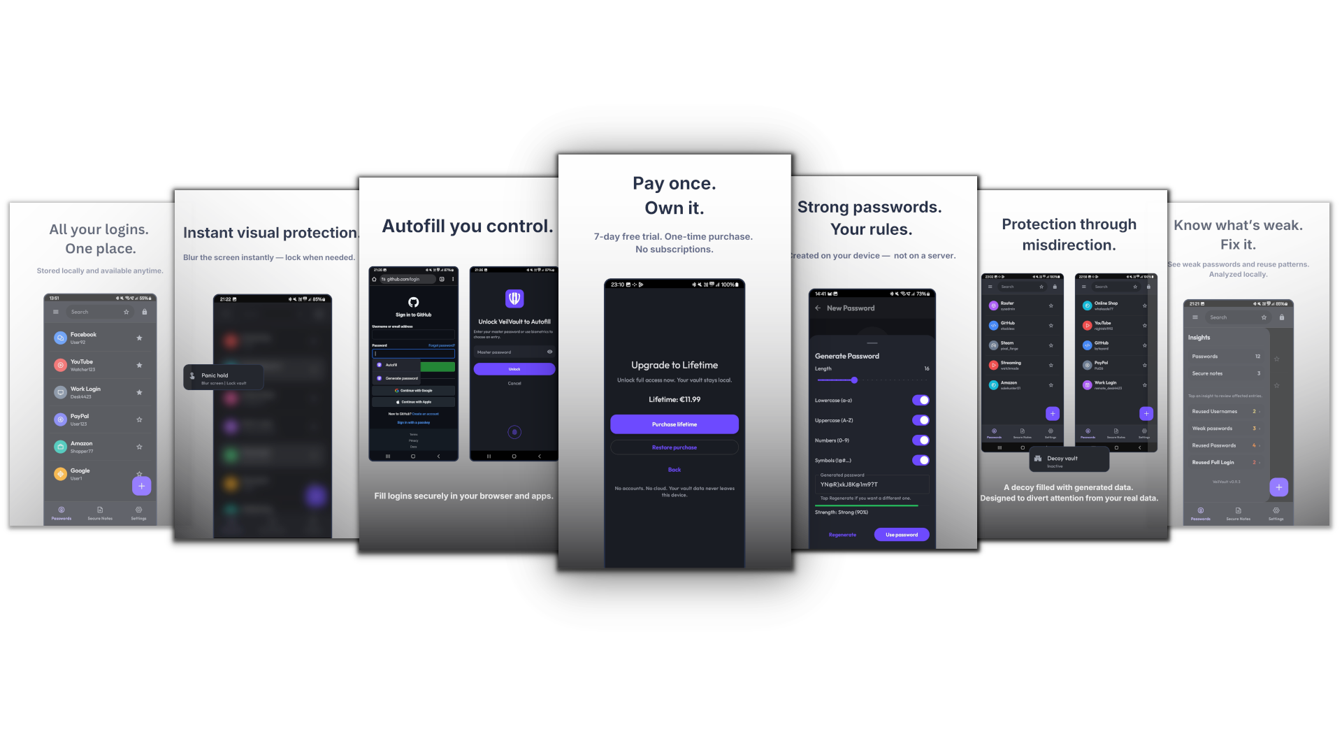 VeilVault settings showing Panic Hold and Decoy Vault